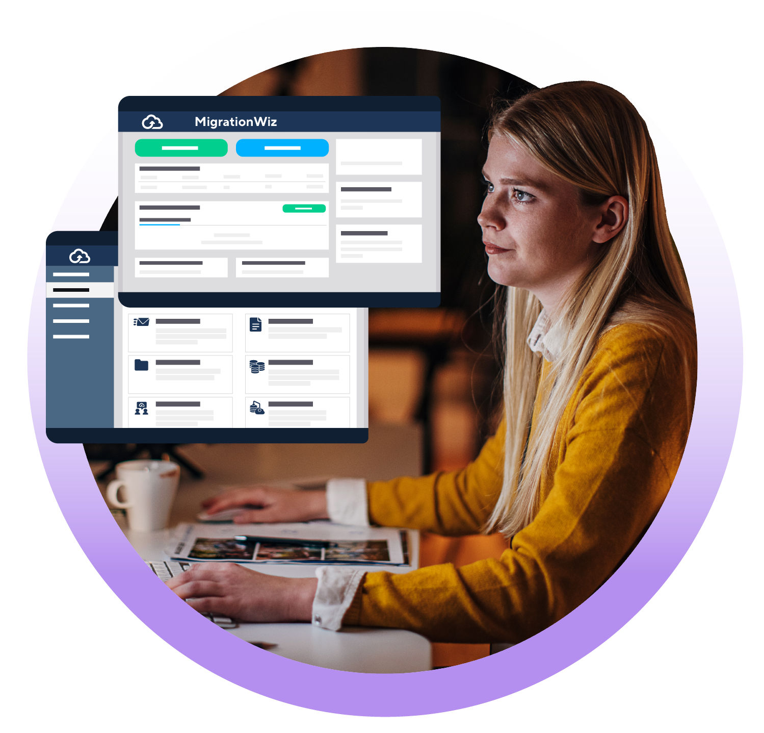 Woman using MigrationWiz dashboard